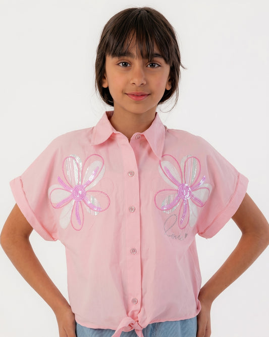 Girls Floral Embroidered Tie-Front Shirt | Rose Pink - Remint Kids Fashion