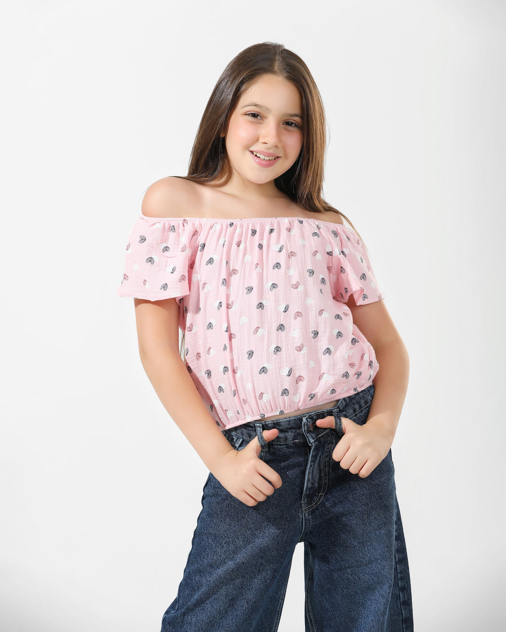Girls Heart Print Off-Shoulder Blouse | Rose Pink - Remint Kids Fashion