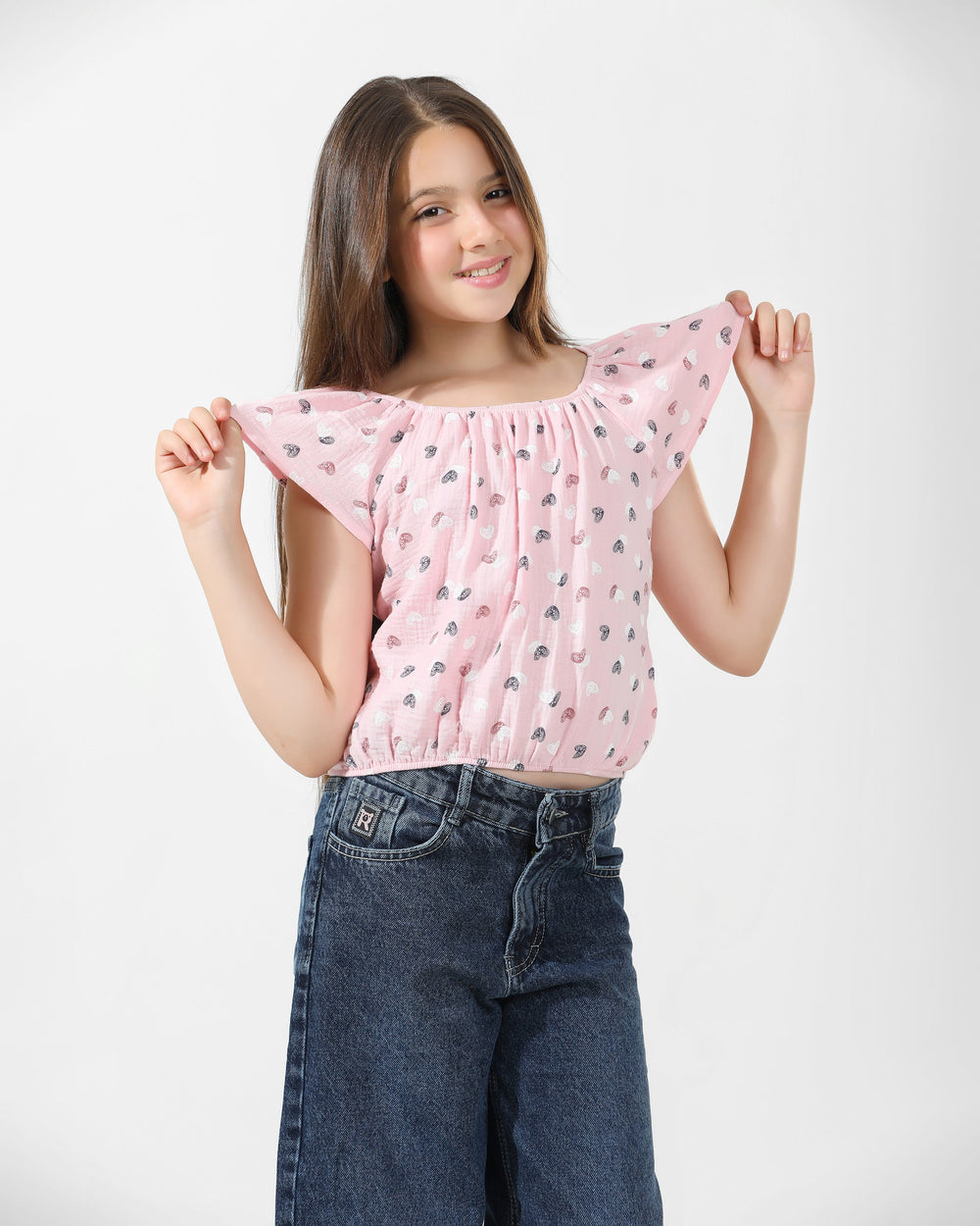 Girls Heart Print Off-Shoulder Blouse | Rose Pink - Remint Kids Fashion