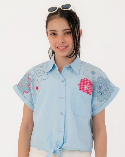 Girls Floral Embroidered Tie-Front Shirt | Off-White - Remint Kids Fashion