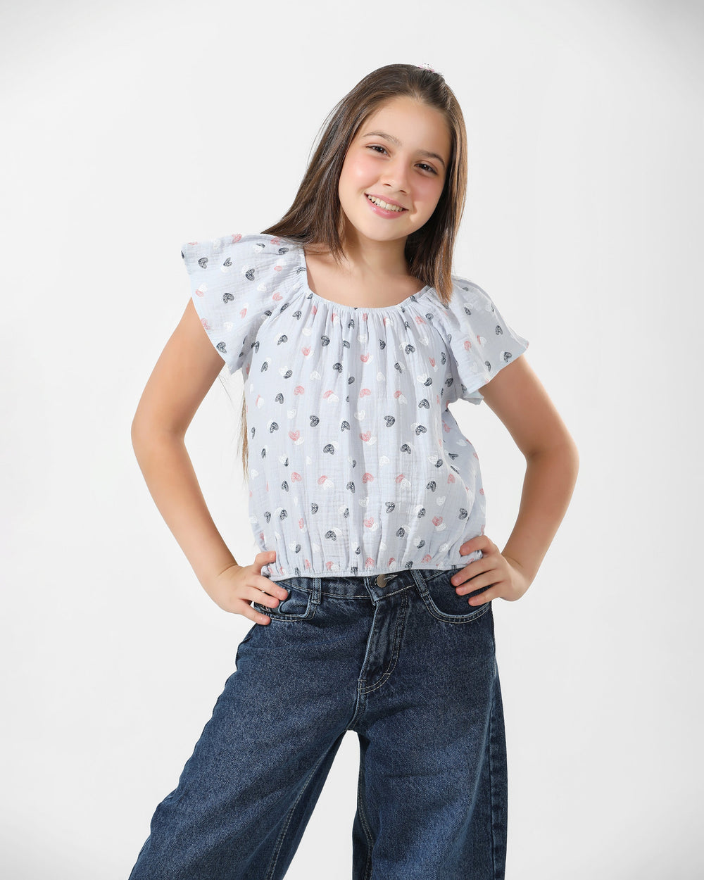 Girls Heart Print Off-Shoulder Blouse | Sky Blue - Remint Kids Fashion