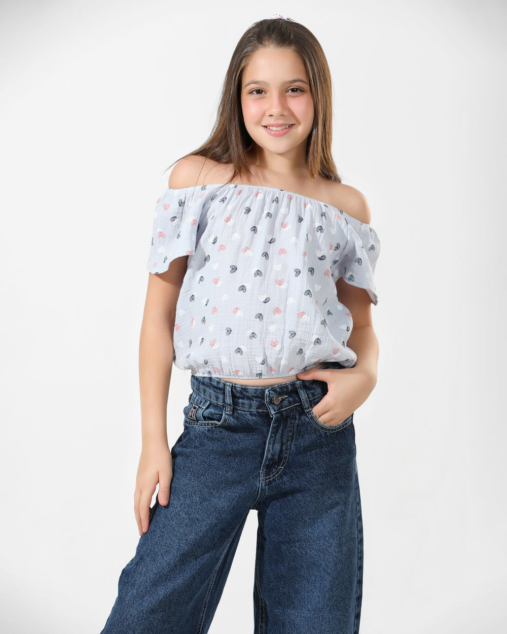 Girls Heart Print Off-Shoulder Blouse | Sky Blue - Remint Kids Fashion