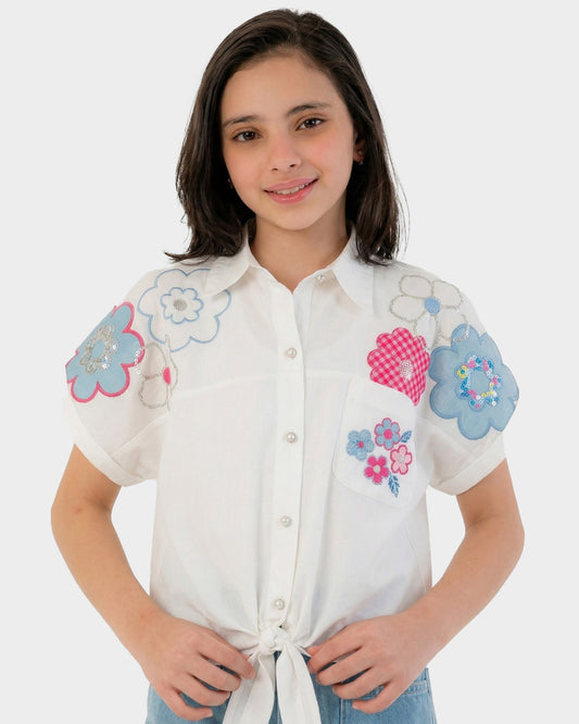 Girls Floral Embroidered Tie-Front Shirt | Sky Blue - Remint Kids Fashion
