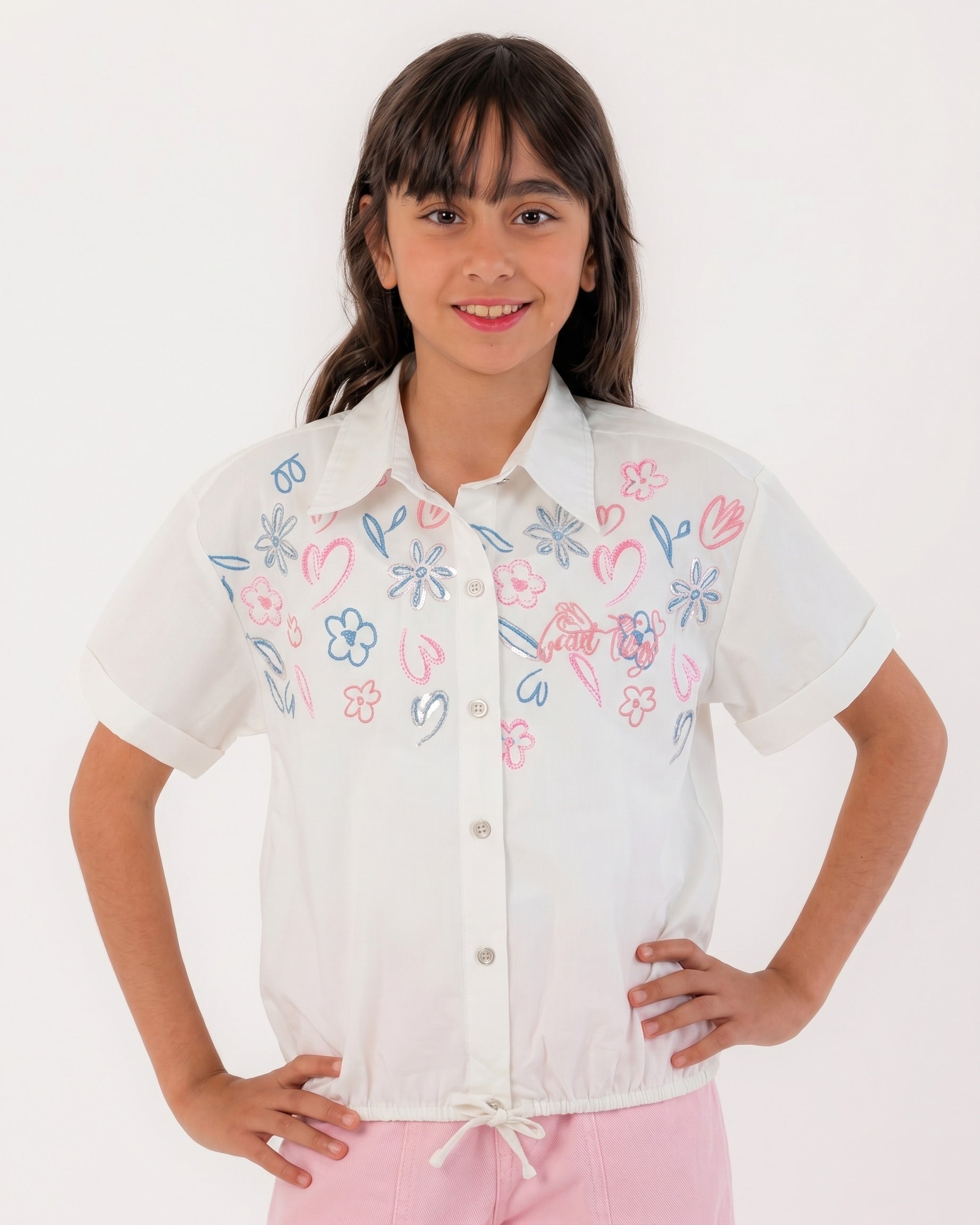 Girls Embroidered Floral Button-Up Shirt | Off-White - Remint Kids Fashion
