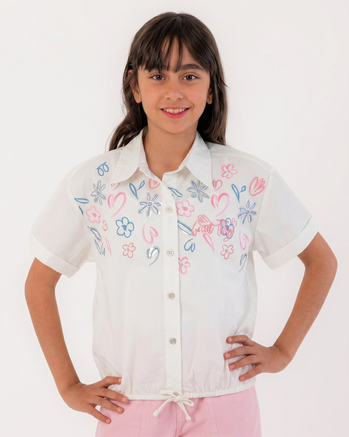 Girls Embroidered Floral Button-Up Shirt | Off-White - Remint Kids Fashion
