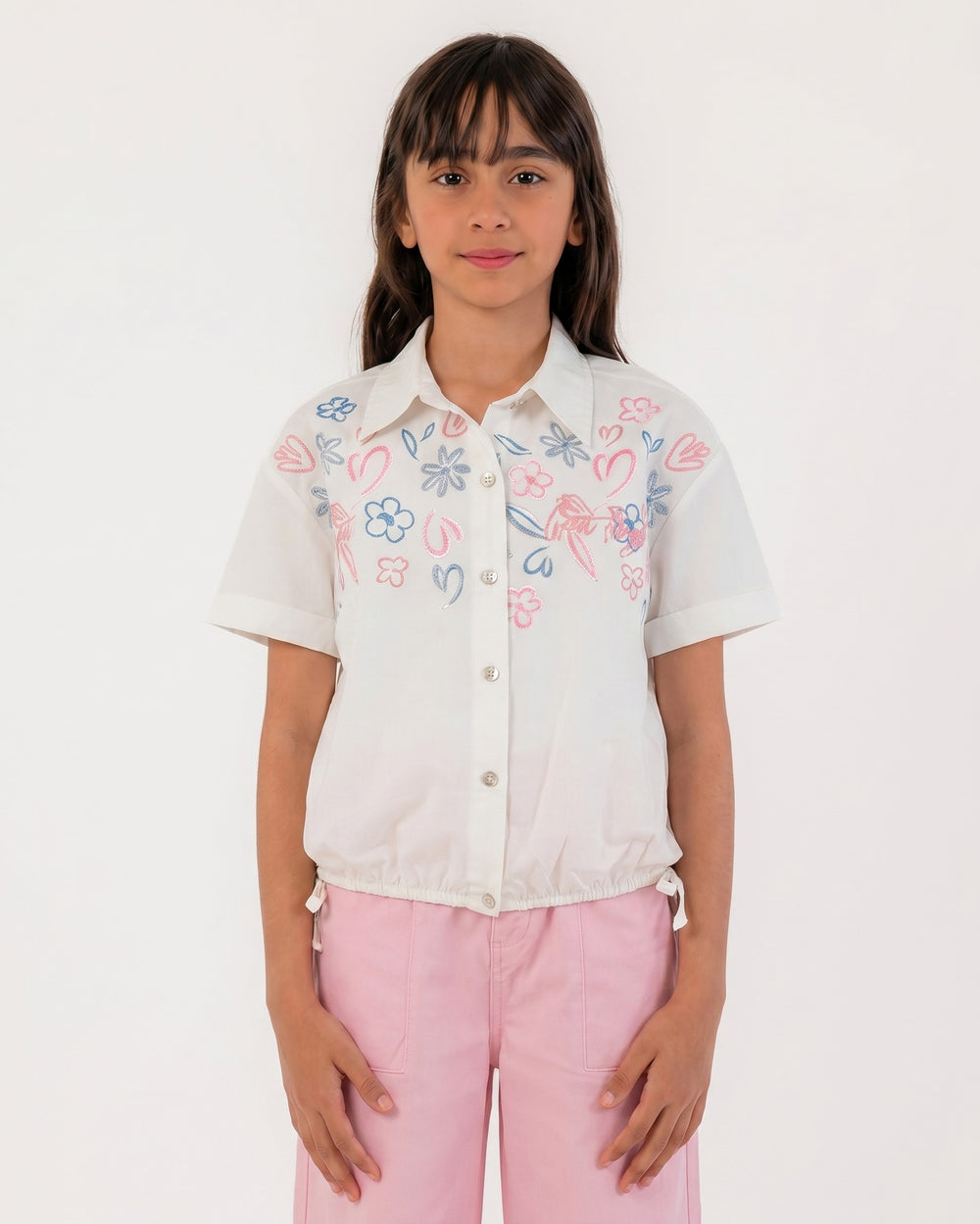 Girls Embroidered Floral Button-Up Shirt | Off-White - Remint Kids Fashion