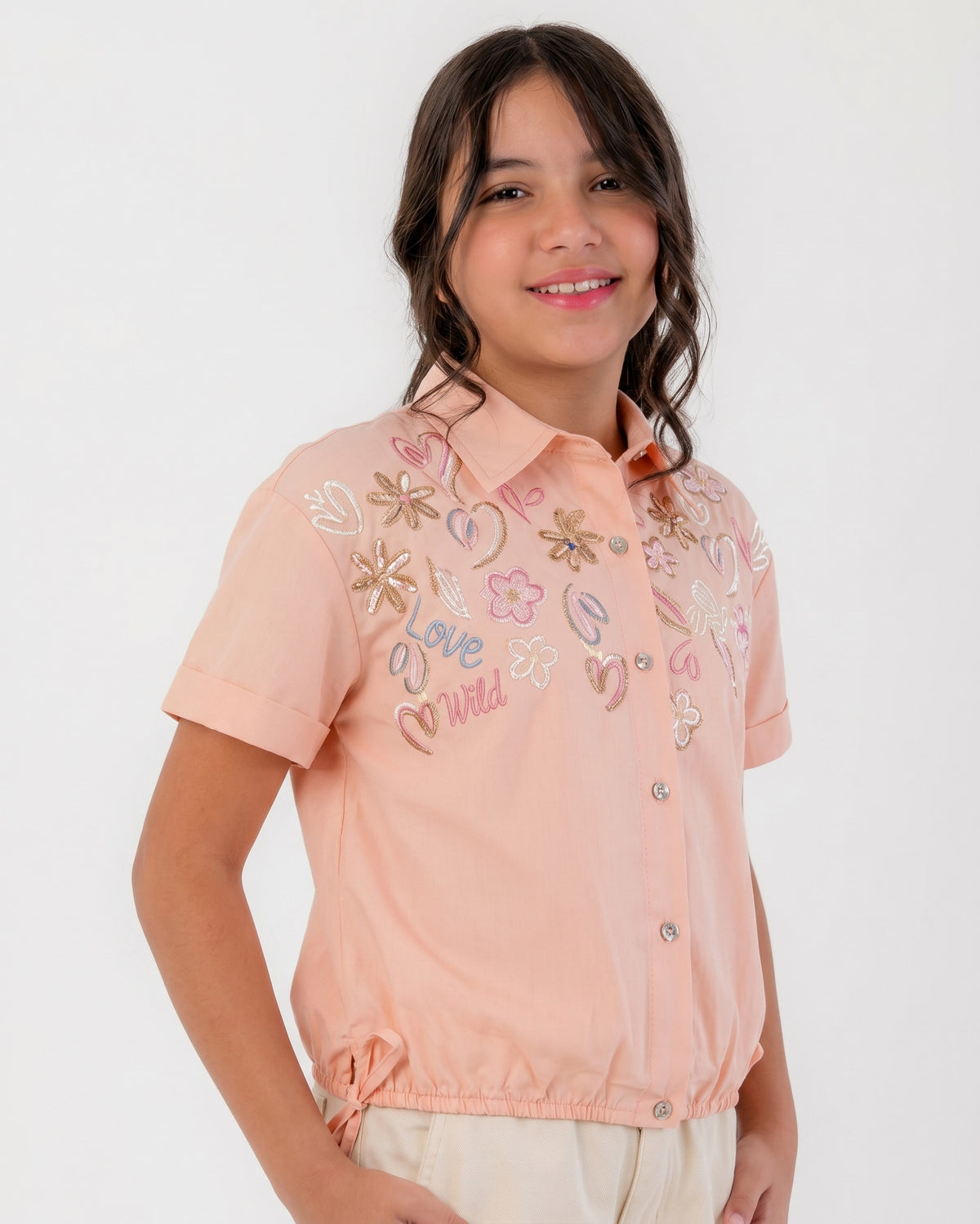 Girls Embroidered Floral Button-Up Shirt | Apricot - Remint Kids Fashion