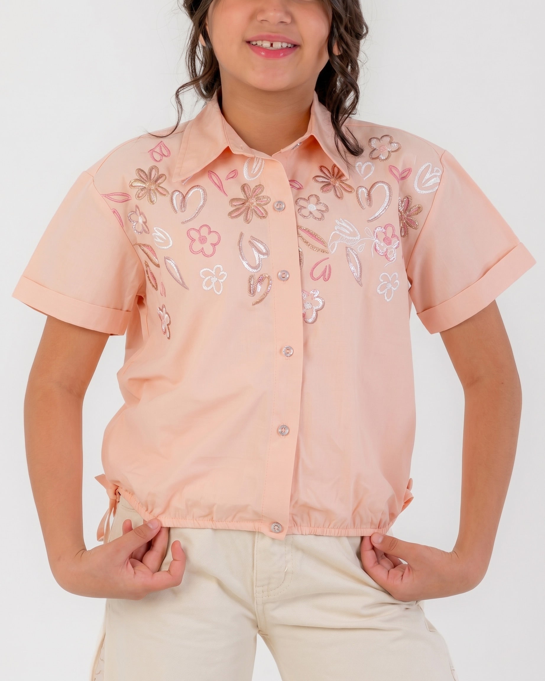 Girls Embroidered Floral Button-Up Shirt | Apricot - Remint Kids Fashion