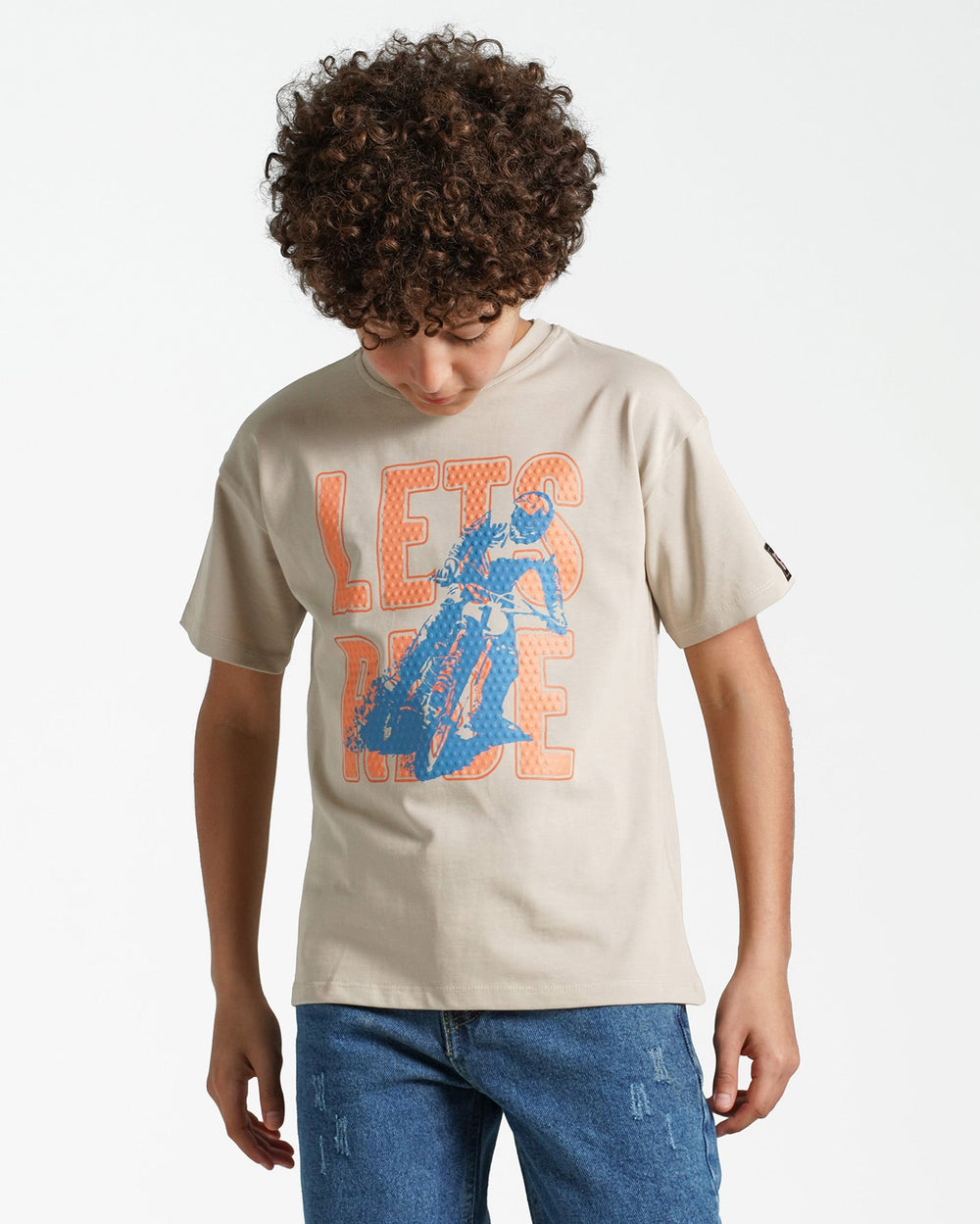 Boys Let's Ride Motorcycle Graphic T-Shirt | Beige - Remint Kids Fashion