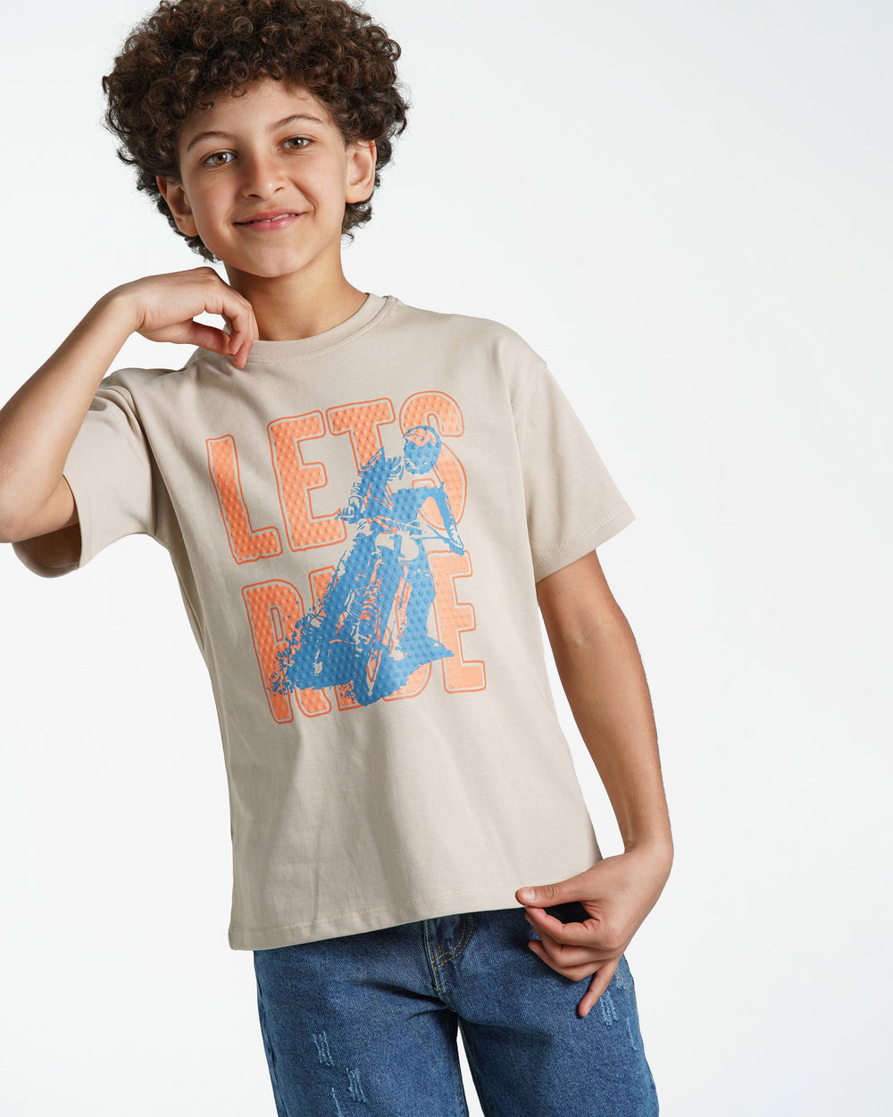 Boys Let's Ride Motorcycle Graphic T-Shirt | Beige - Remint Kids Fashion