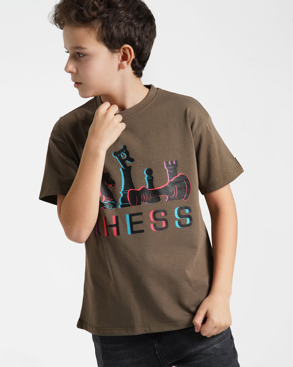 Boys Chess Strategy Graphic T-Shirt | Khaki - Remint Kids Fashion