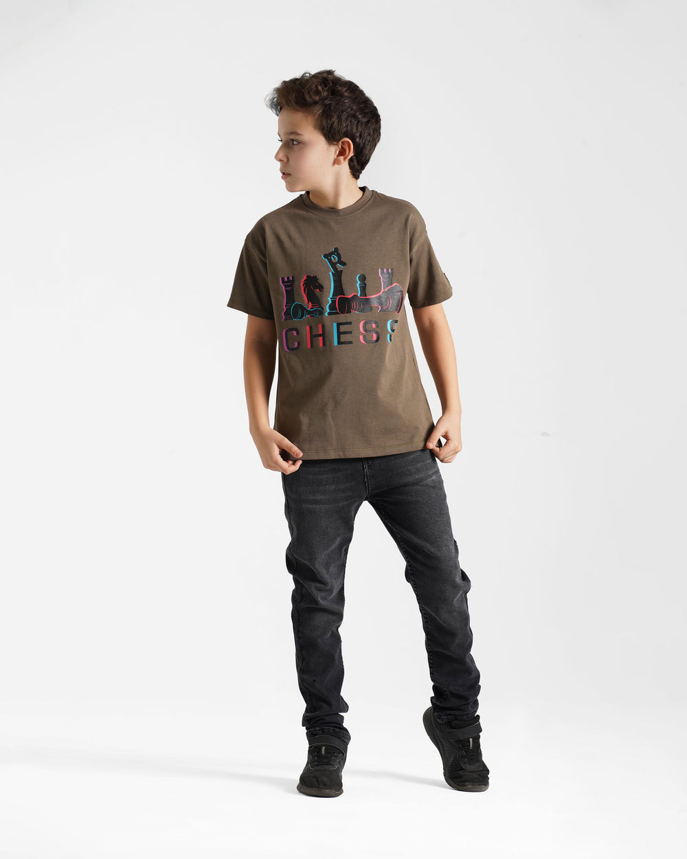 Boys Chess Strategy Graphic T-Shirt | Khaki - Remint Kids Fashion
