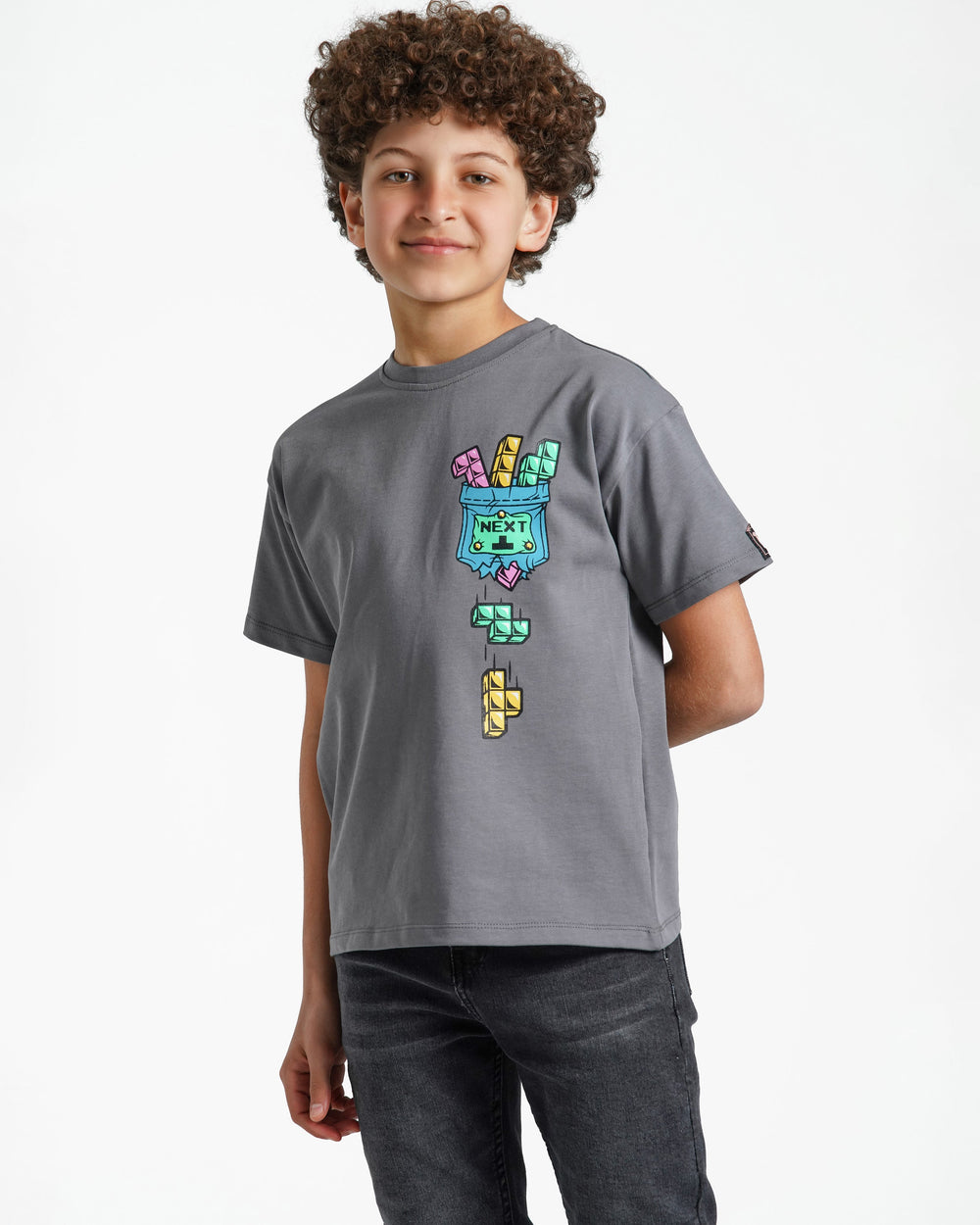 Boys Pixel Game Blocks Graphic T-Shirt | Dark Grey - Remint Kids Fashion