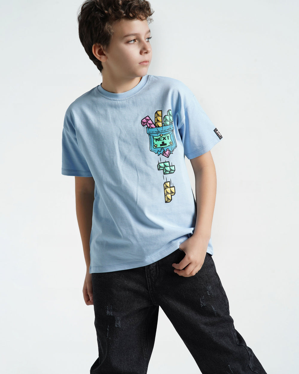 Boys Pixel Game Blocks Graphic T-Shirt | Light Blue - Remint Kids Fashion