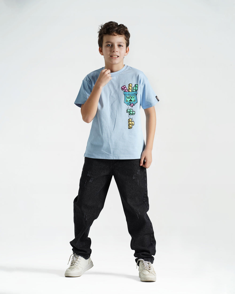 Boys Pixel Game Blocks Graphic T-Shirt | Light Blue - Remint Kids Fashion