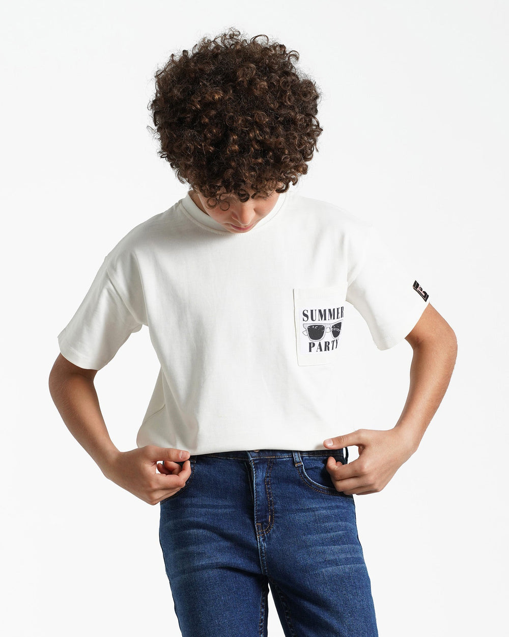 Boys Summer Party Pocket Graphic T-Shirt | Off-White - Remint Kids Fashion
