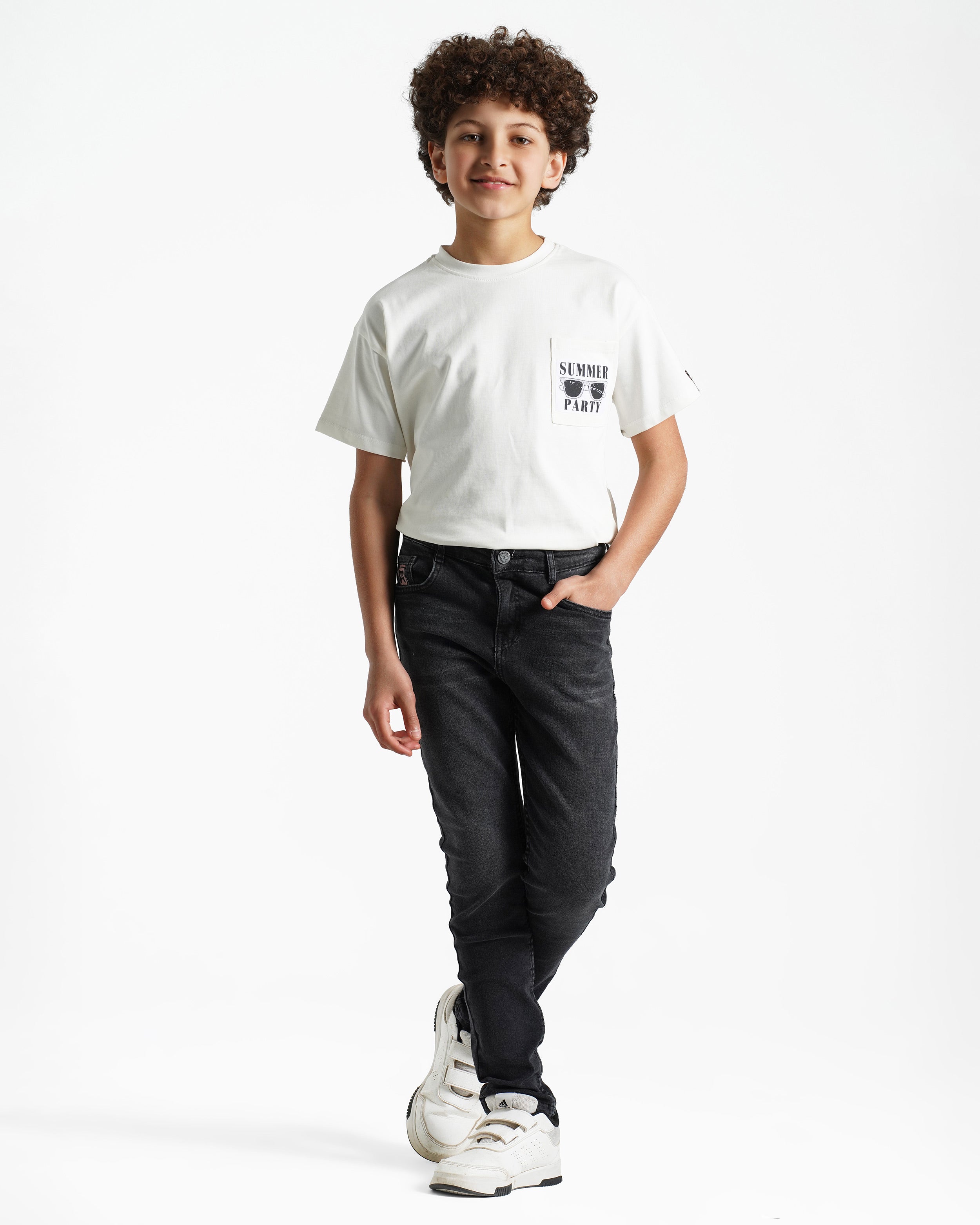 Boys Summer Party Pocket Graphic T-Shirt | Off-White - Remint Kids Fashion