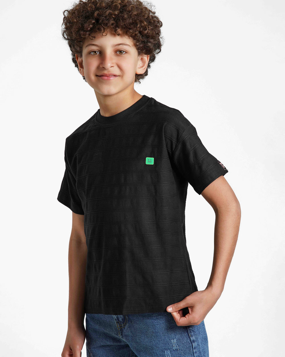 Boys Textured Stripe Patch T-Shirt | Black - Remint Kids Fashion