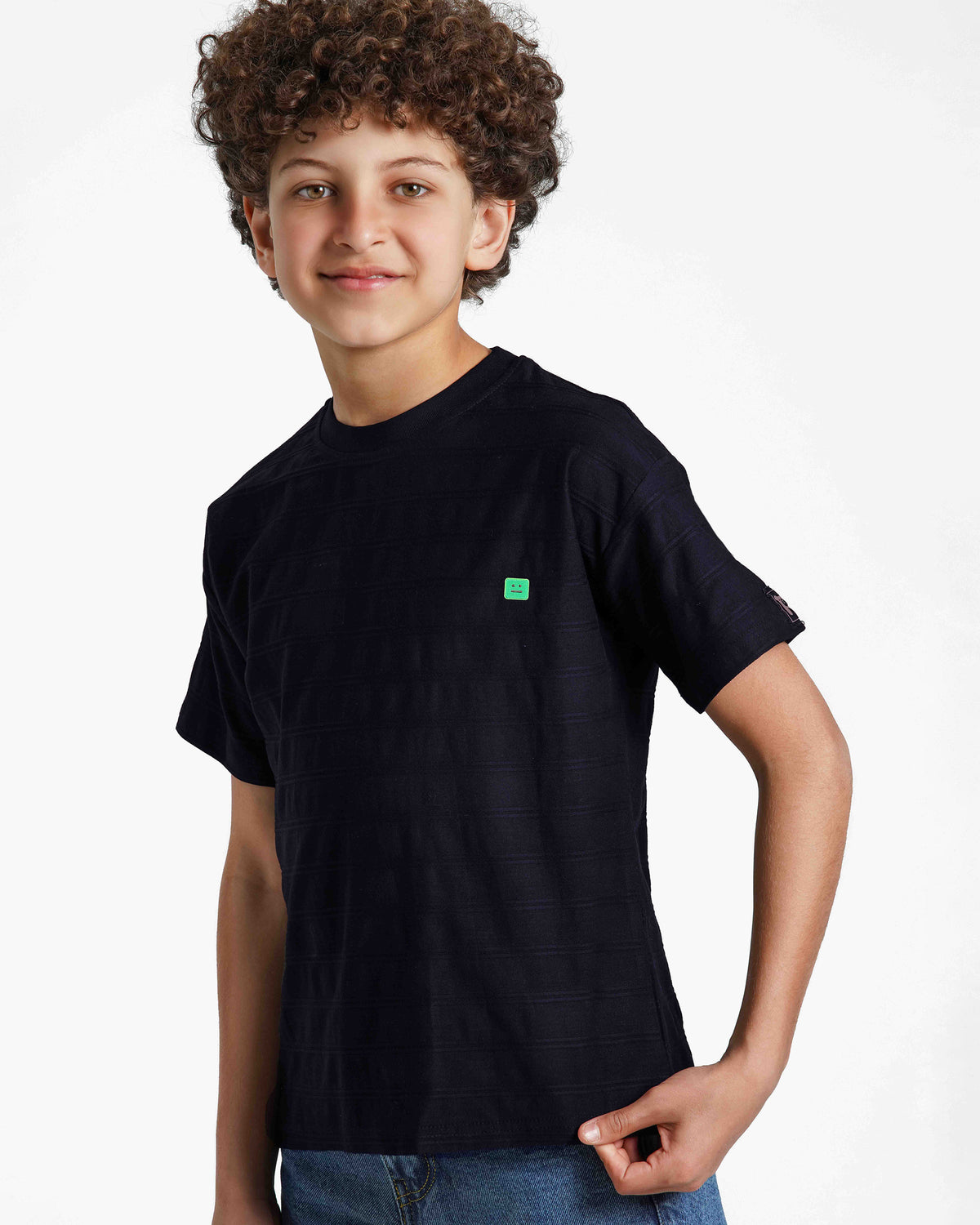 Boys Textured Stripe Patch T-Shirt | Dark Blue - Remint Kids Fashion