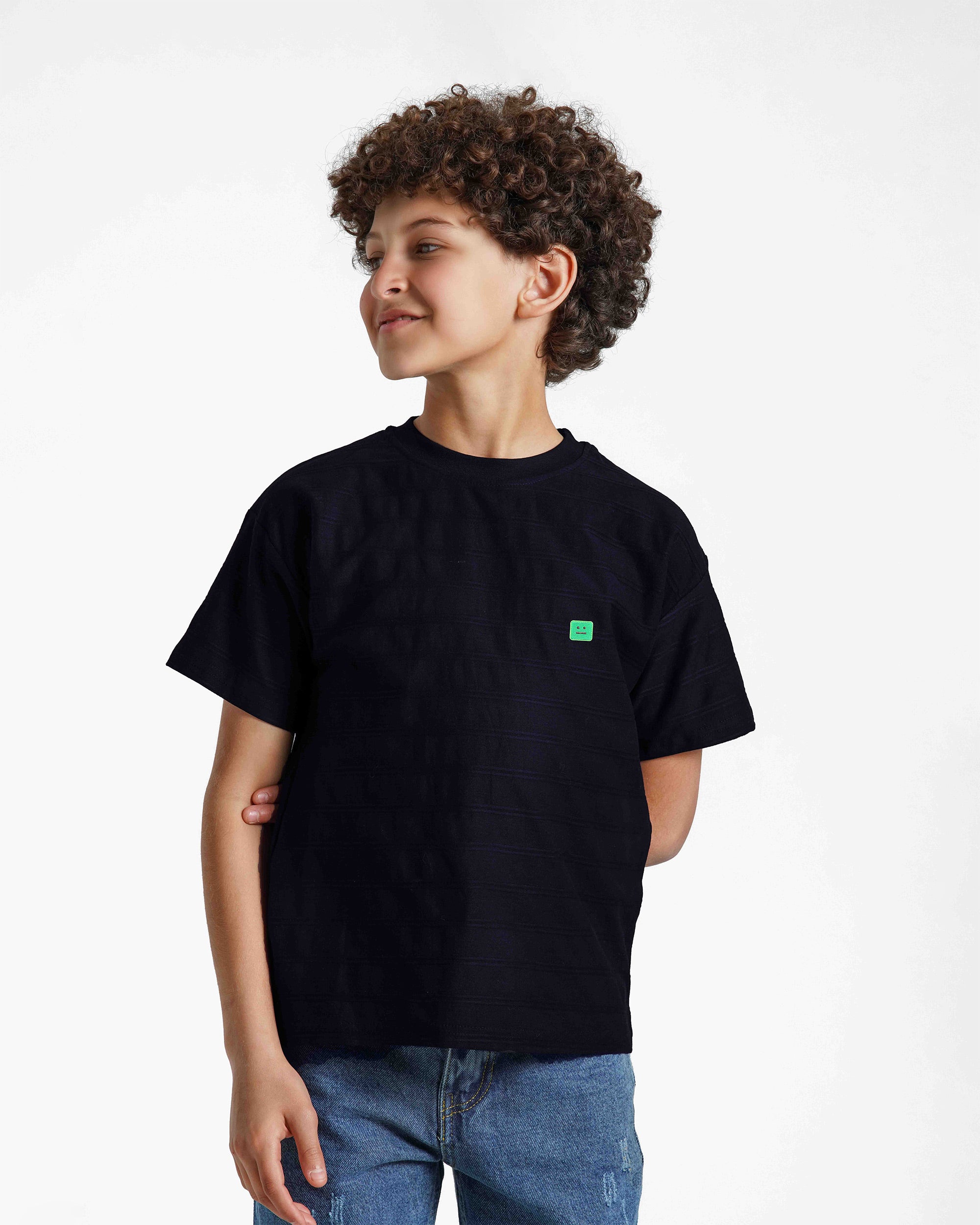 Boys Textured Stripe Patch T-Shirt | Dark Blue - Remint Kids Fashion