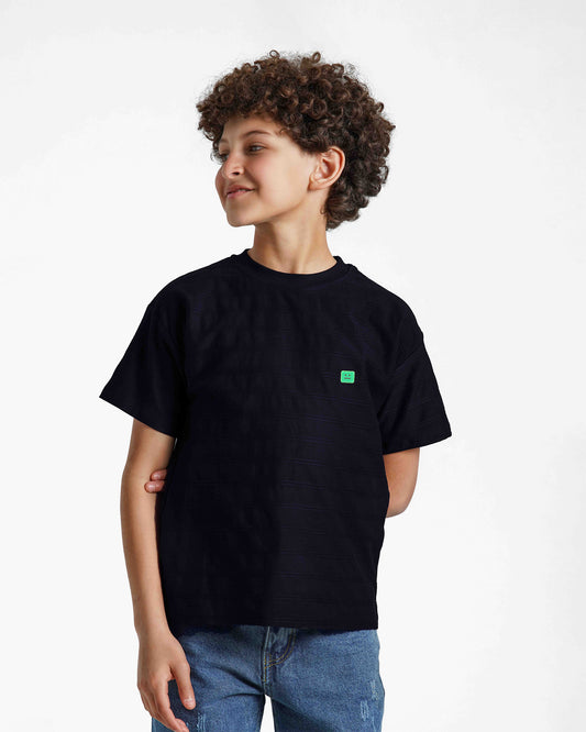 Boys Textured Stripe Patch T-Shirt | Dark Blue - Remint Kids Fashion