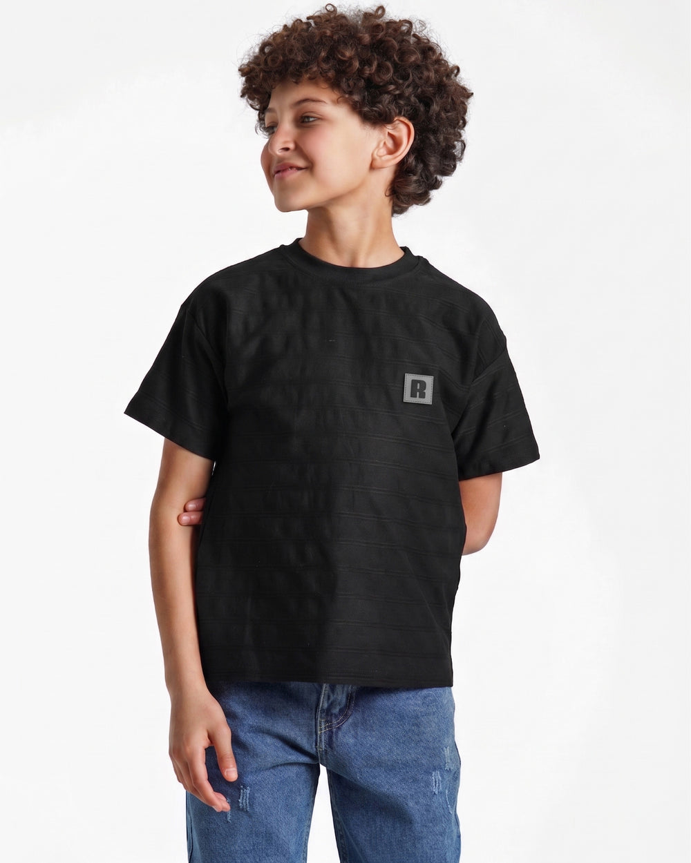 Boys Textured Stripe Patch T-Shirt | Black - Remint Kids Fashion