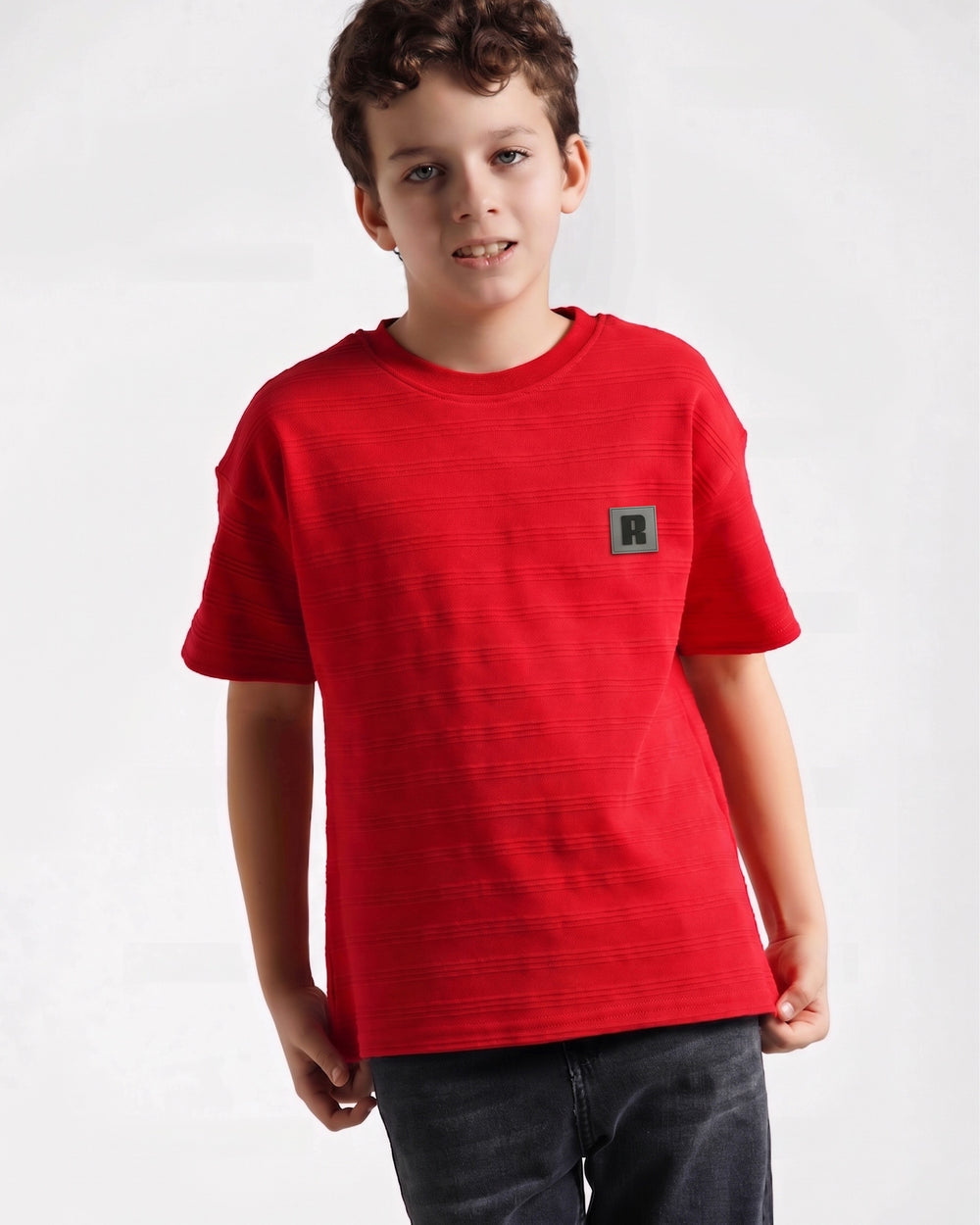 Boys Textured Stripe Patch T-Shirt | Red - Remint Kids Fashion