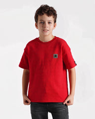 Boys Textured Stripe Patch T-Shirt | Red - Remint Kids Fashion