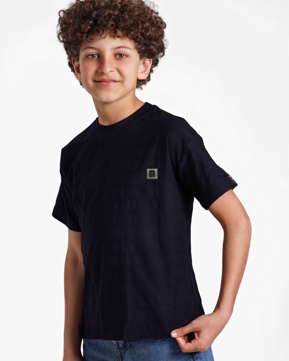 Boys Textured Stripe Patch T-Shirt | Dark Blue - Remint Kids Fashion