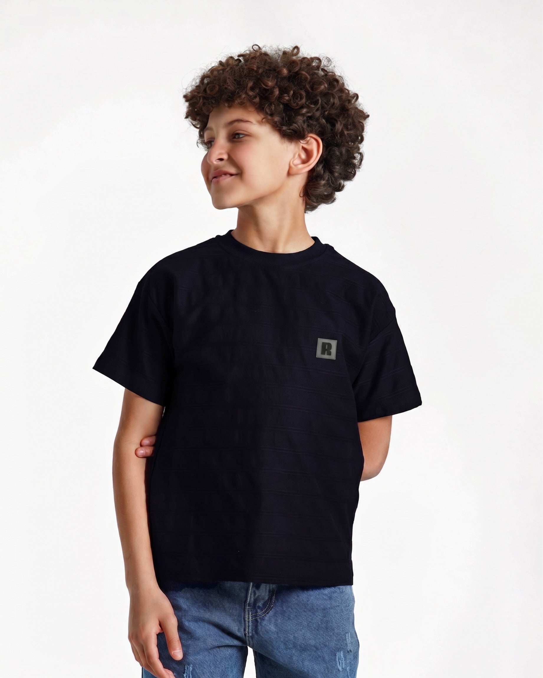 Boys Textured Stripe Patch T-Shirt | Dark Blue - Remint Kids Fashion