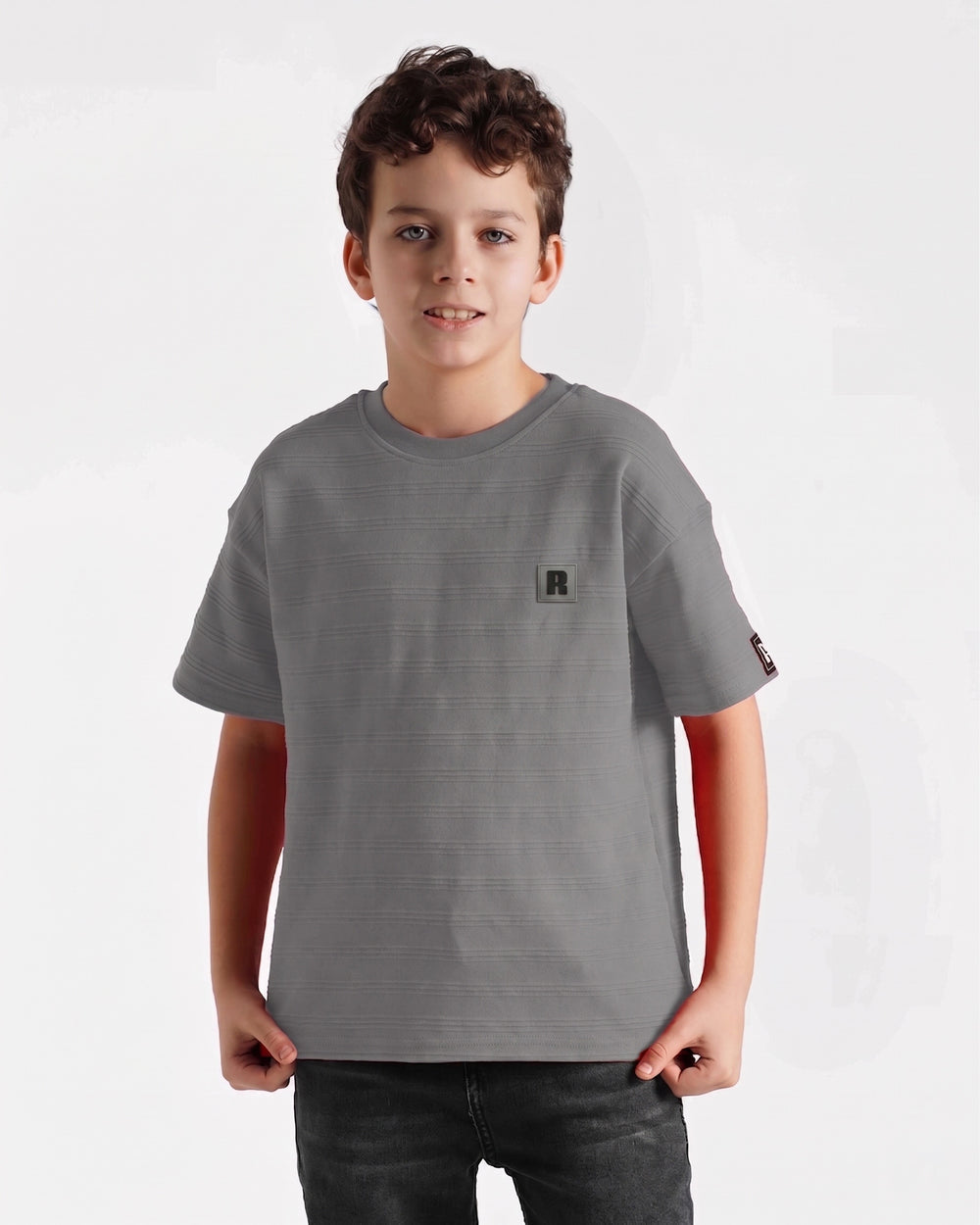 Boys Textured Stripe Patch T-Shirt | Grey - Remint Kids Fashion