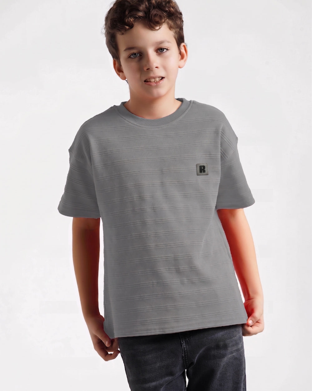 Boys Textured Stripe Patch T-Shirt | Grey - Remint Kids Fashion