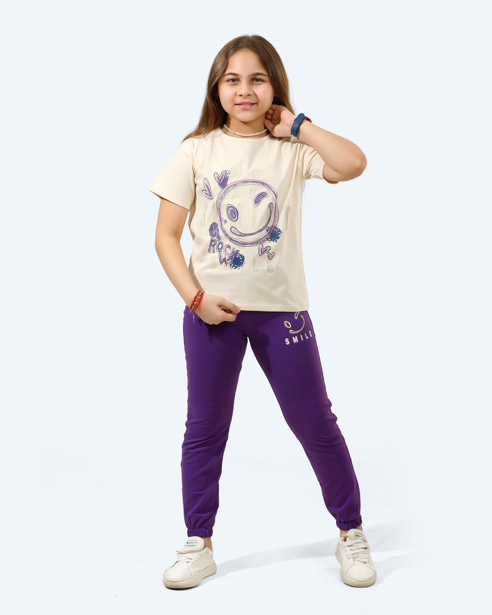 Girls "Rock Your Smile" Summer Jogger Set | Beige - Remint Kids Fashion