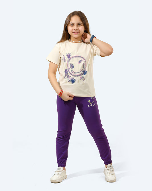 Girls "Rock Your Smile" Summer Jogger Set | Beige - Remint Kids Fashion