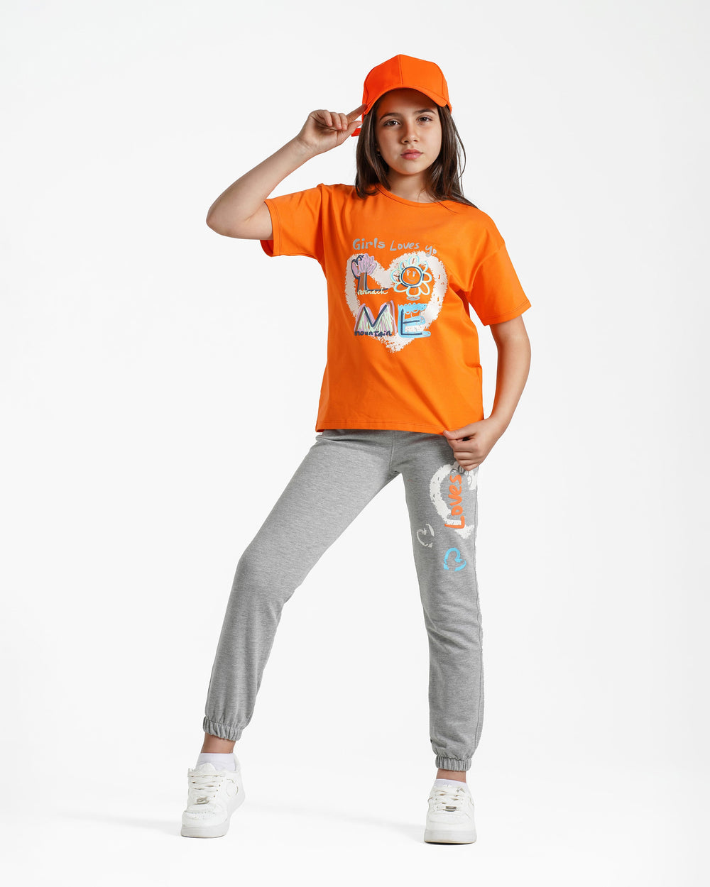 Girls Printed T-Shirt & Jogger Set | Orange - Remint Kids Fashion