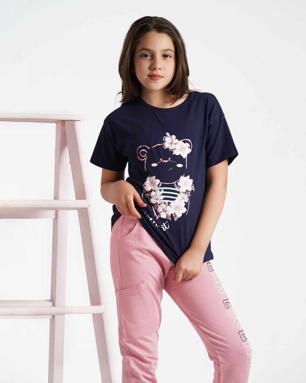 Girls Bear Lovers Printed Set | Dark Blue - Remint Kids Fashion