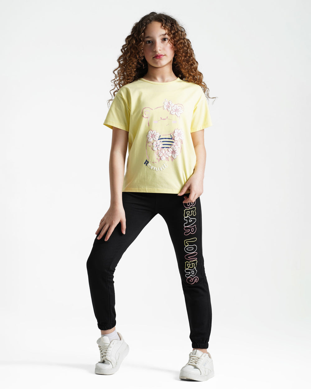 Girls Bear Lovers Printed Set | Yellow - Remint Kids Fashion