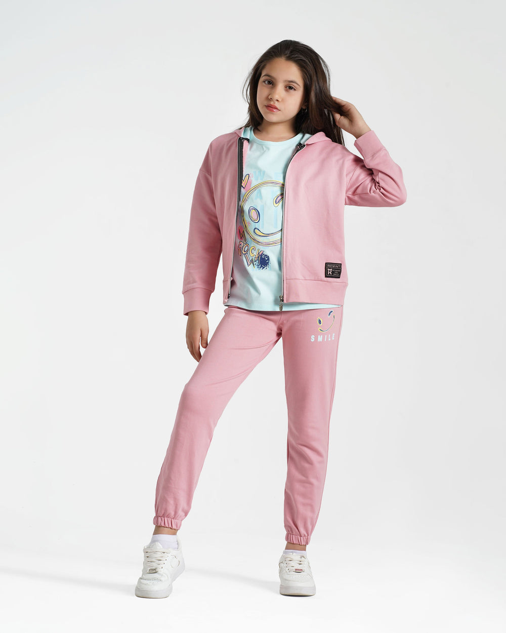 Girls 3-Piece Hoodie Jogger Set with Smile Print | Cashmere - Remint Kids Fashion