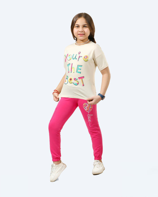 Girls "You're the Best" Printed T-Shirt & Joggers Set | Beige - Remint Kids Fashion