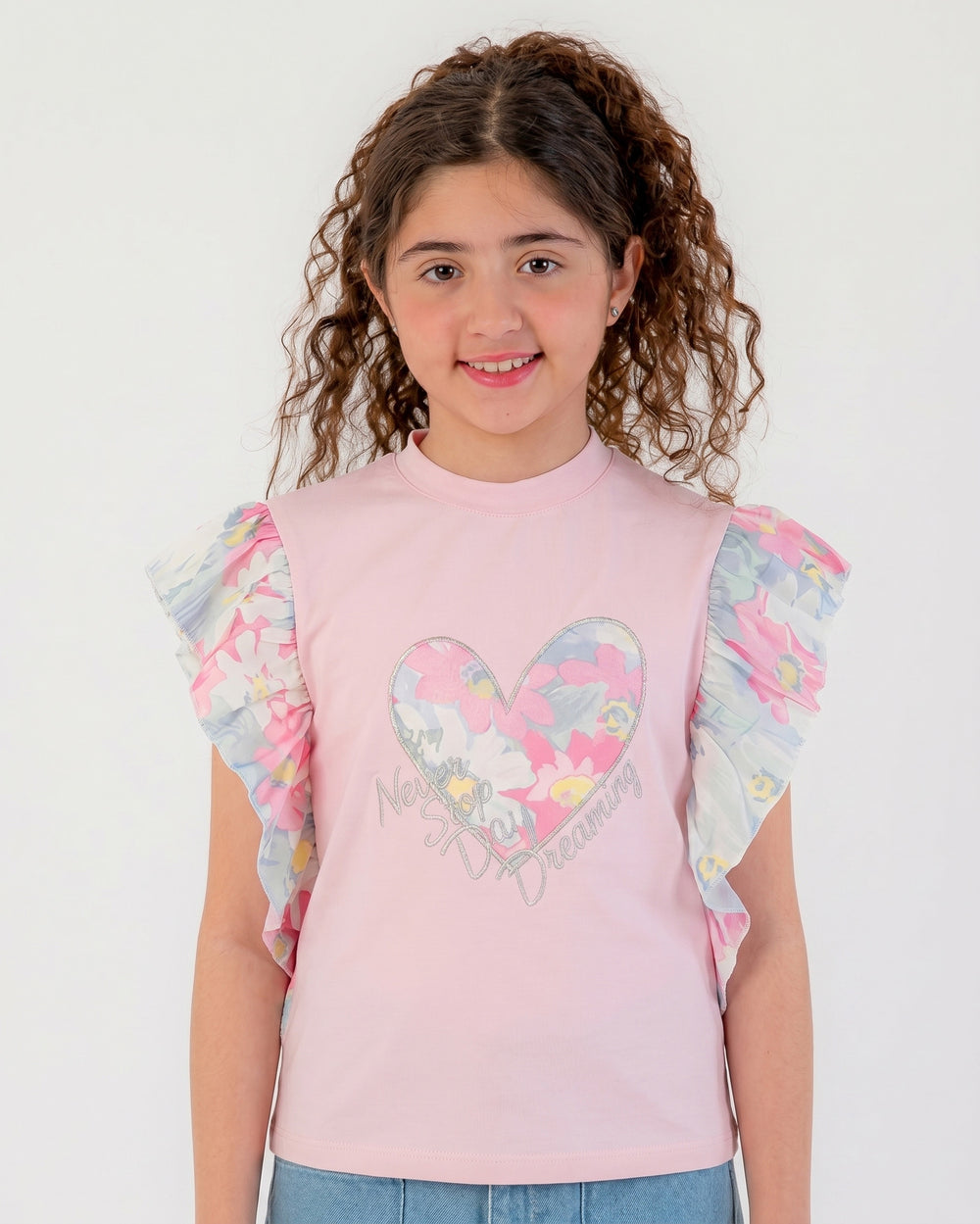 Girls Heart Print Ruffle Sleeve T-Shirt | Rose Pink - Remint Kids Fashion