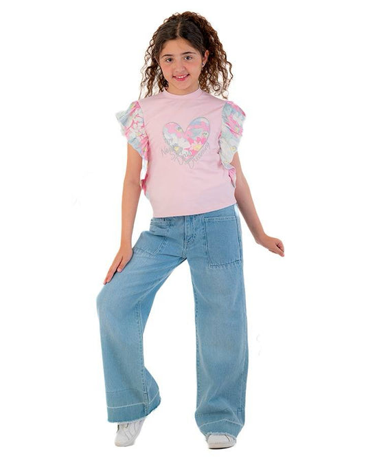 Girls Heart Print Ruffle Sleeve T-Shirt | Rose Pink - Remint Kids Fashion