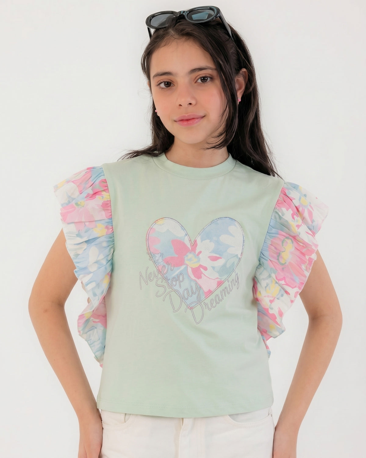 Girls Heart Print Ruffle Sleeve T-Shirt | Mint - Remint Kids Fashion