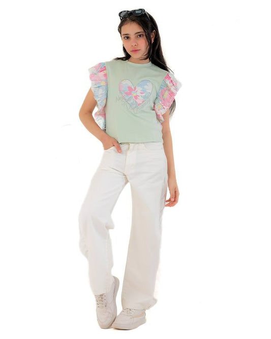 Girls Heart Print Ruffle Sleeve T-Shirt | Mint - Remint Kids Fashion