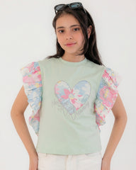 Girls Heart Print Ruffle Sleeve T-Shirt | Mint - Remint Kids Fashion