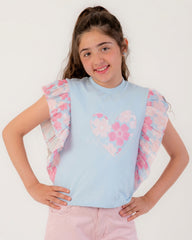 Girls Heart Print Ruffle Sleeve T-Shirt | Sky Blue - Remint Kids Fashion