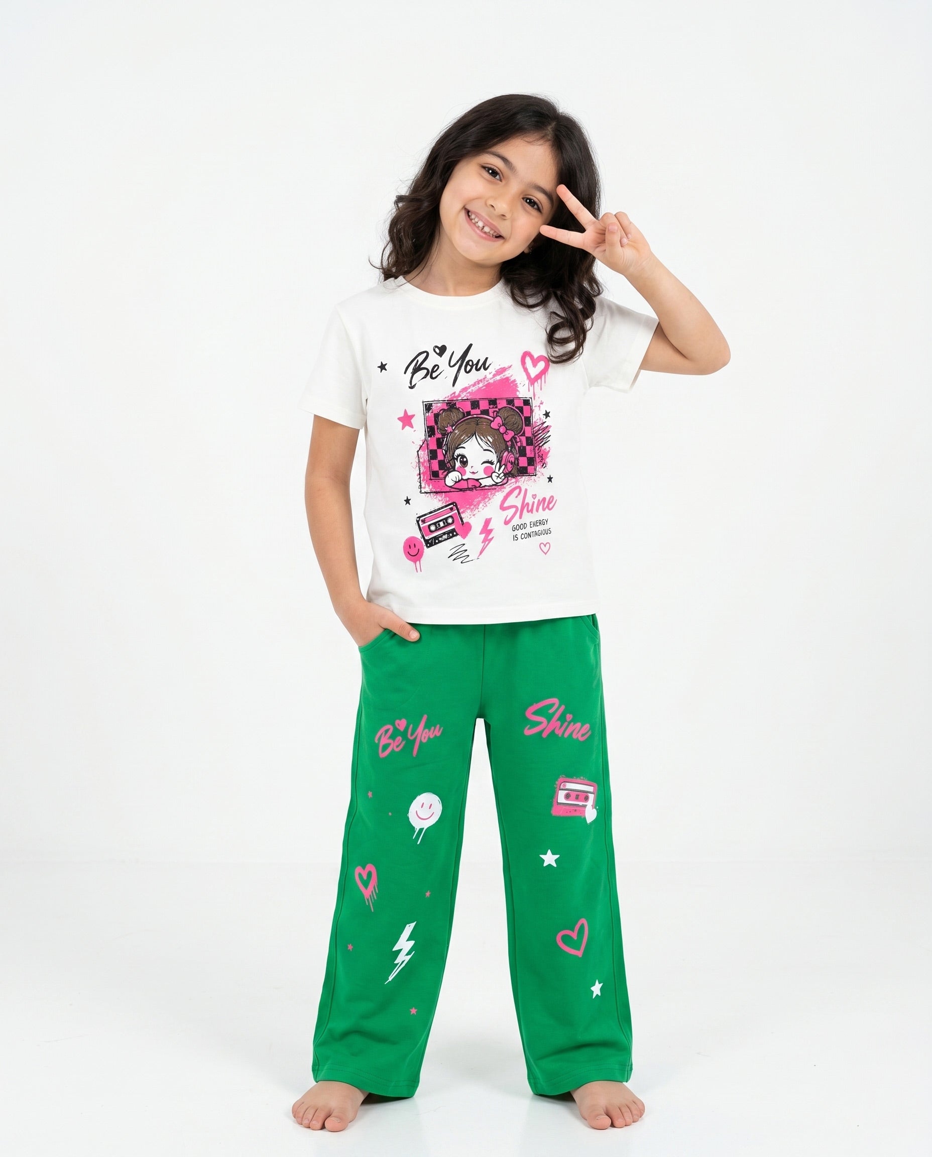 Girls Be You Graphic Set | Green - Remint Kids Fashion