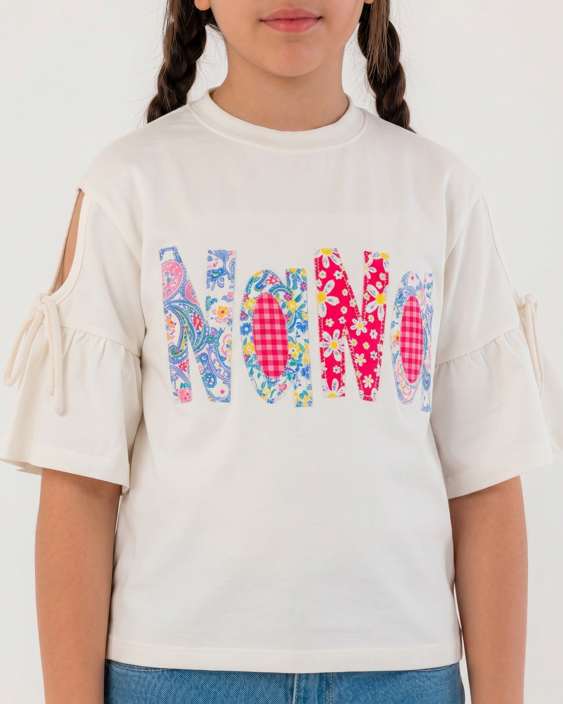 Girls “Hello” Graphic Ruffle Sleeve T-Shirt | Off-White - Remint Kids Fashion