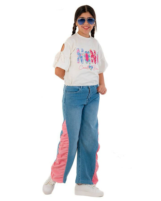 Girls “Hello” Graphic Ruffle Sleeve T-Shirt | Off-White - Remint Kids Fashion