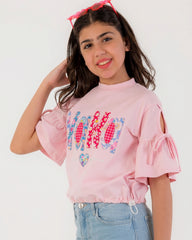 Girls “Hello” Graphic Ruffle Sleeve T-Shirt | Rose Pink - Remint Kids Fashion