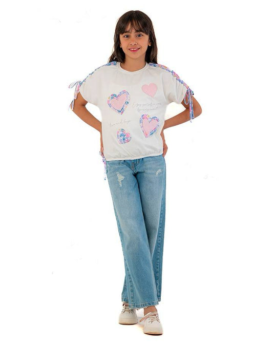 Girls Heart Print Tie Sleeve T-Shirt | Off-White - Remint Kids Fashion